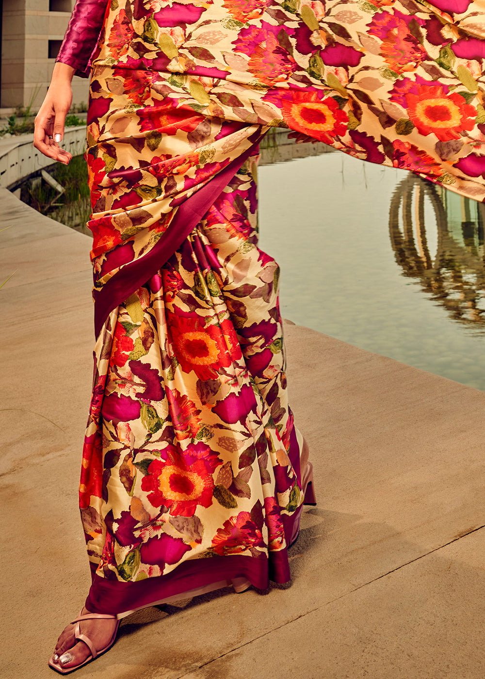  Pink and Orange Satin Silk Saree with Intricate Digital Printing