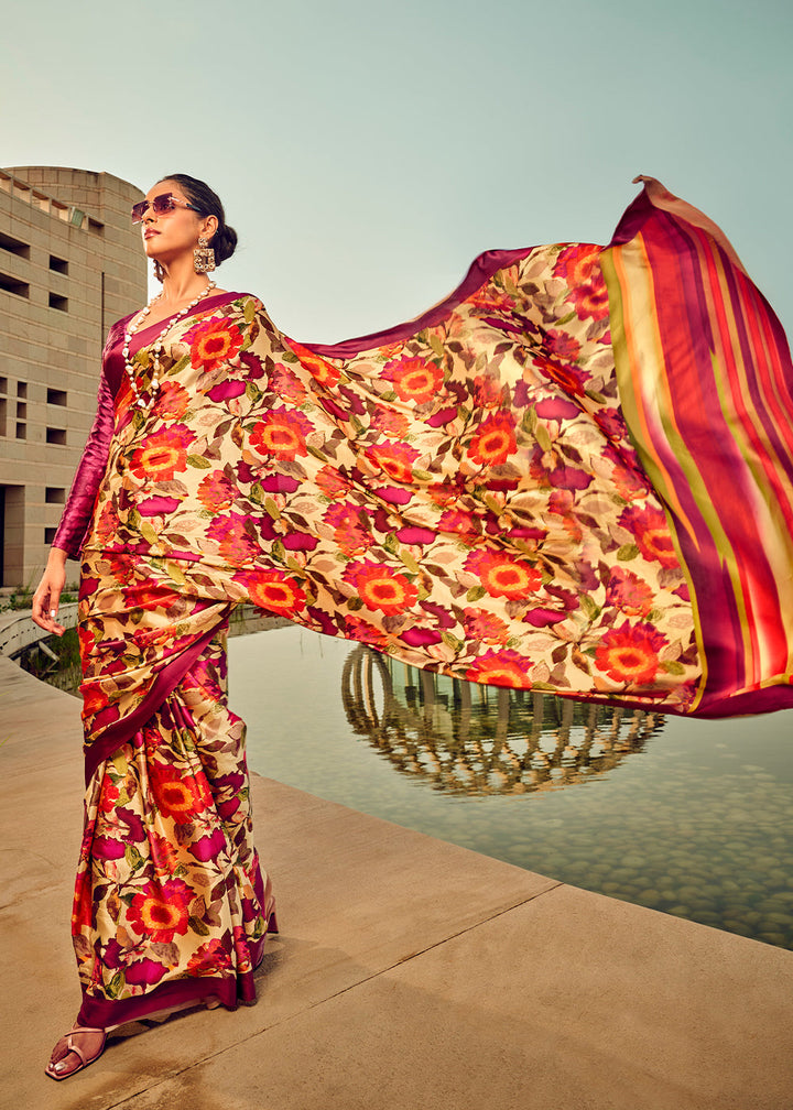 Beautiful pink and orange digital printed satin silk saree with intricate designs