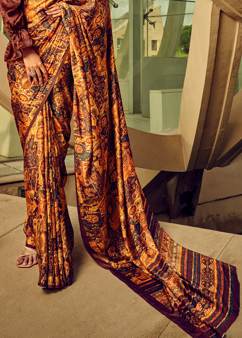 Shades Of Brown Digital Printed Satin Silk Saree