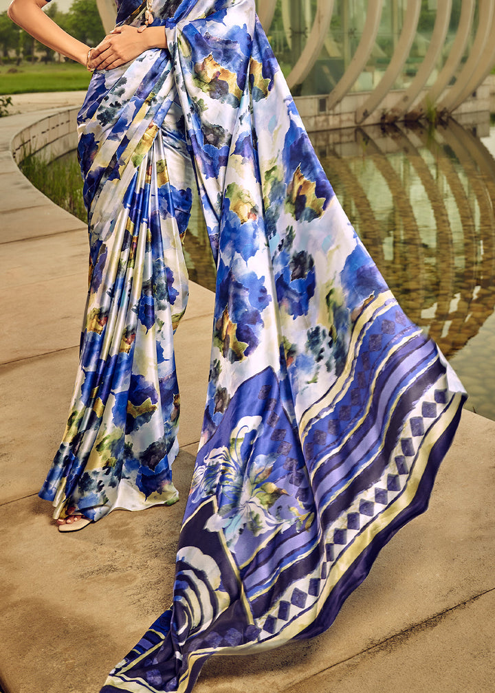 Azure Blue Digital Printed Satin Silk Saree