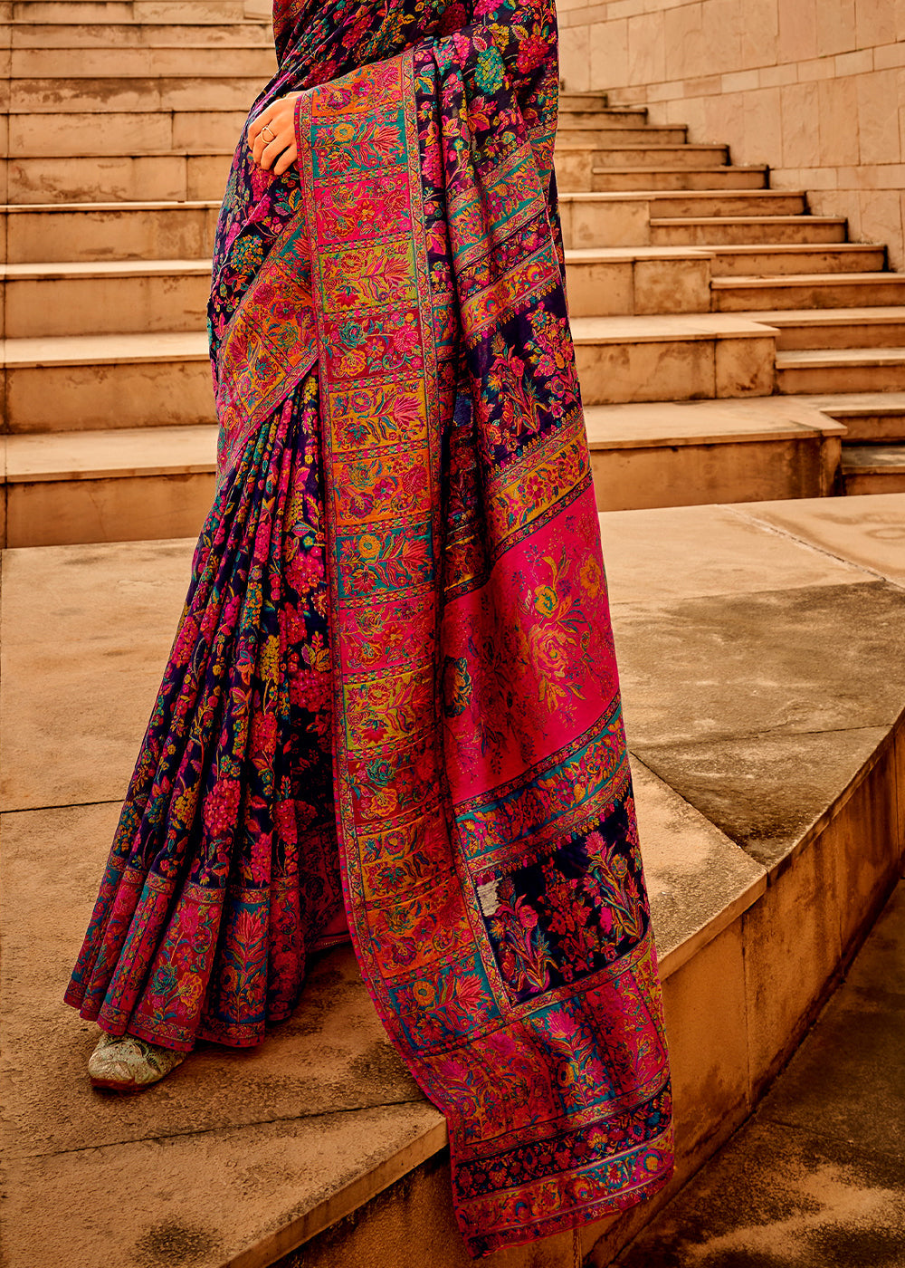 Navy Blue Woven Kashmiri Jamawar Silk Saree