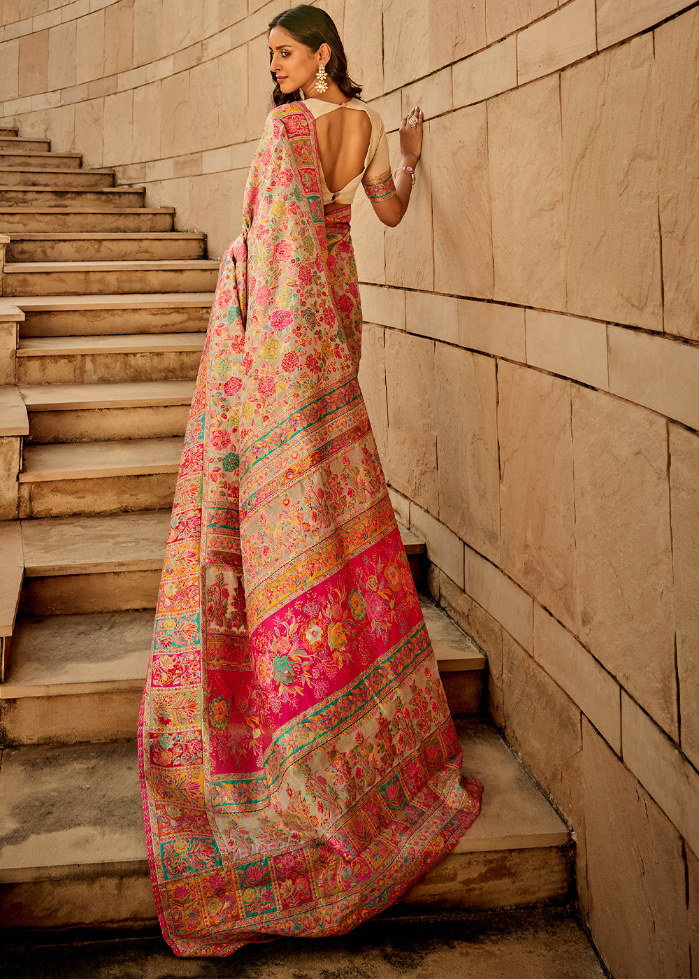 Traditional Multicolored Woven Kashmiri Jamawar Silk Saree with intricate designs