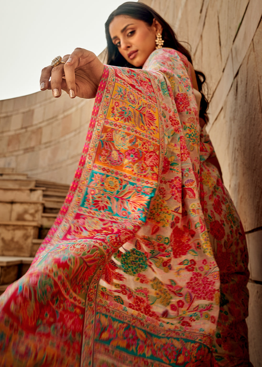 Elegant Multicolored Woven Kashmiri Jamawar Silk Saree with intricate floral motifs