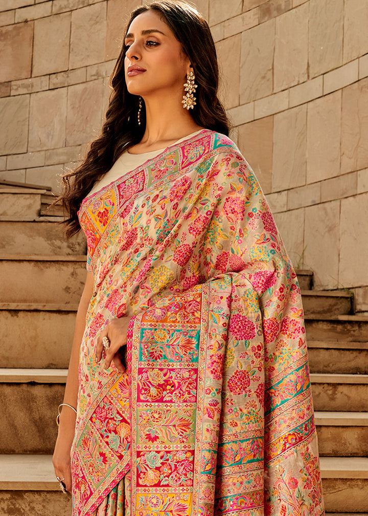 Multicolored Woven Kashmiri Jamawar Silk Saree with intricate floral patterns and rich detailing