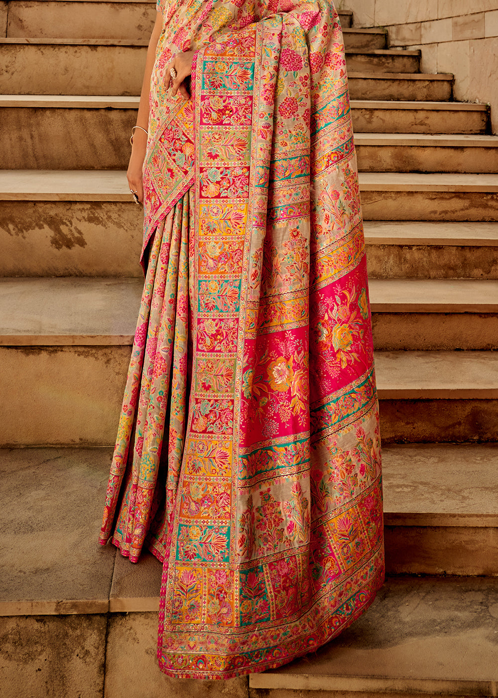 Exquisite Multicolored Woven Kashmiri Jamawar Silk Saree with intricate floral embellishments