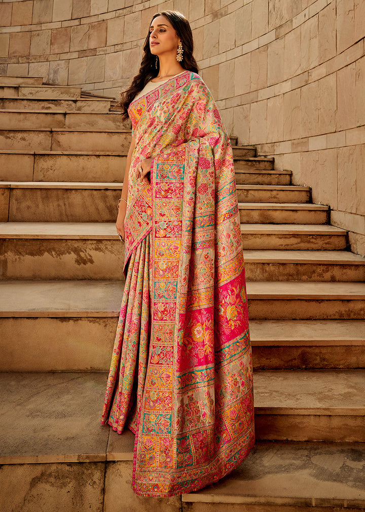 Multicolored Woven Kashmiri Jamawar Silk Saree with intricate floral patterns