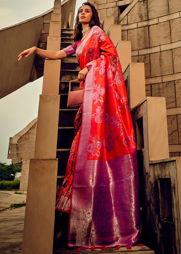 Bright Orange Zari Woven Satin Silk Saree