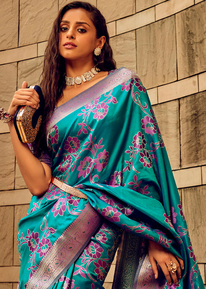 Cerulean Blue Zari Woven Satin Silk Saree