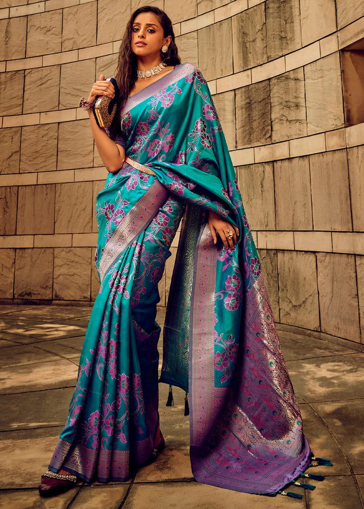 Cerulean Blue Zari Woven Satin Silk Saree