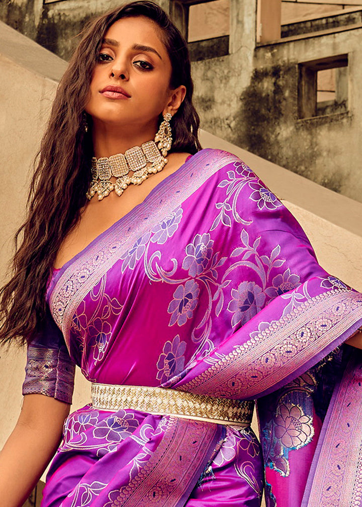 Electric Purple Zari Woven Satin Silk Saree