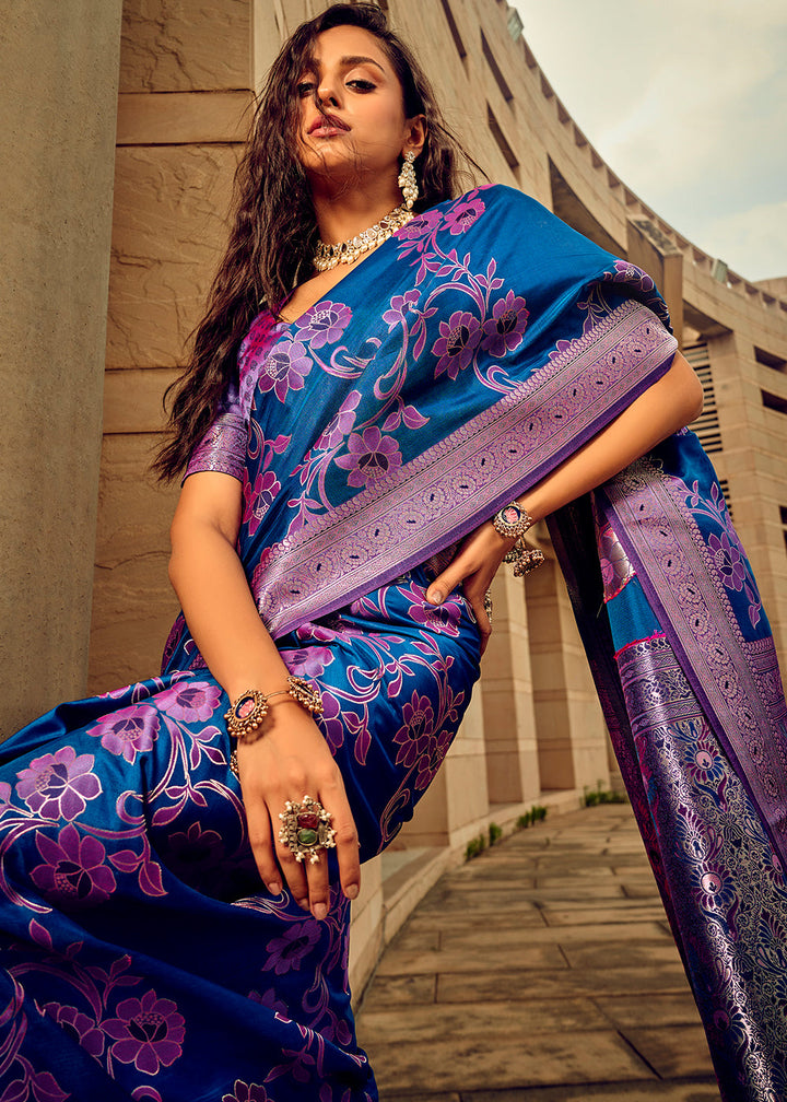 Azure Blue  Zari Woven Satin Silk Saree