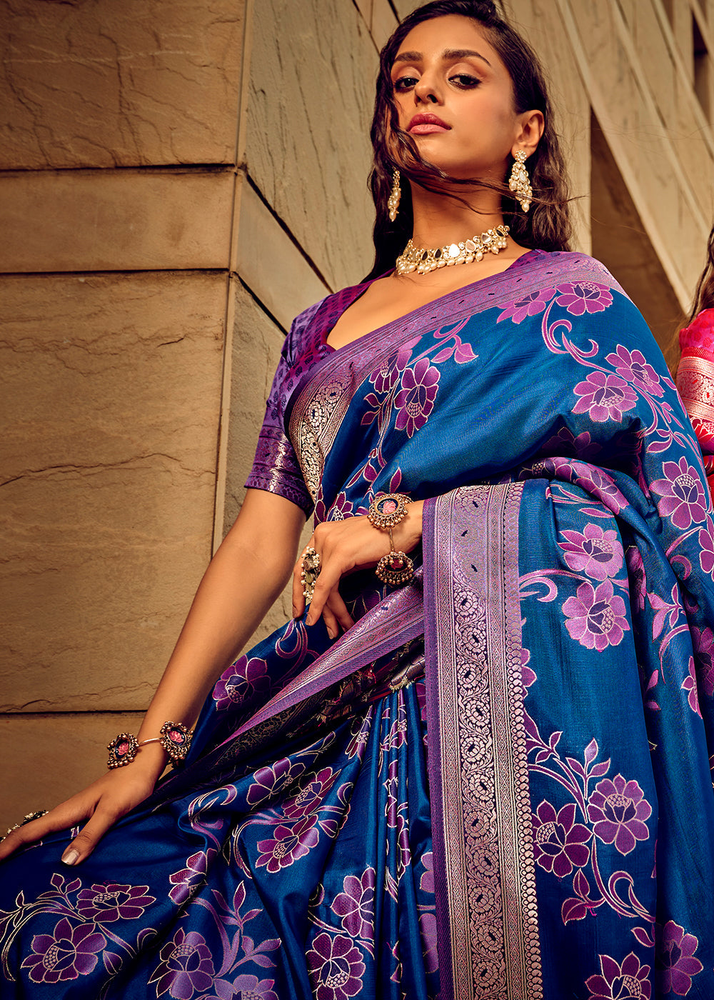 Azure Blue  Zari Woven Satin Silk Saree