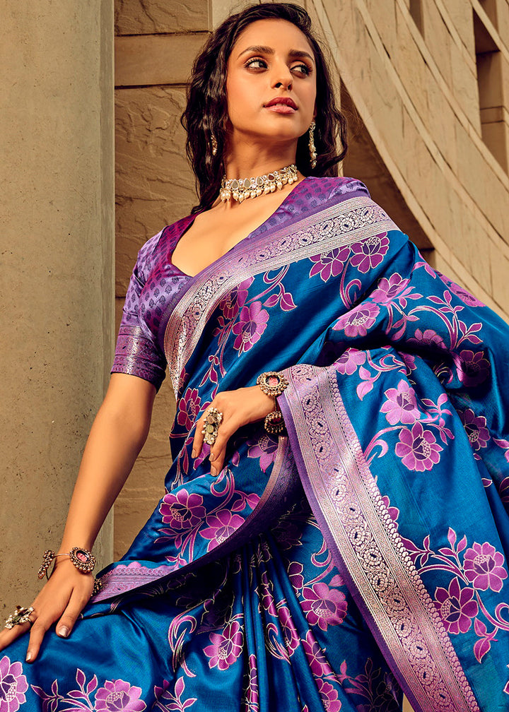 Azure Blue  Zari Woven Satin Silk Saree