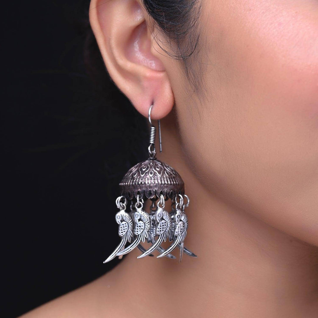 Adhira Silver Bird Oxidized Jhumki - Uboric