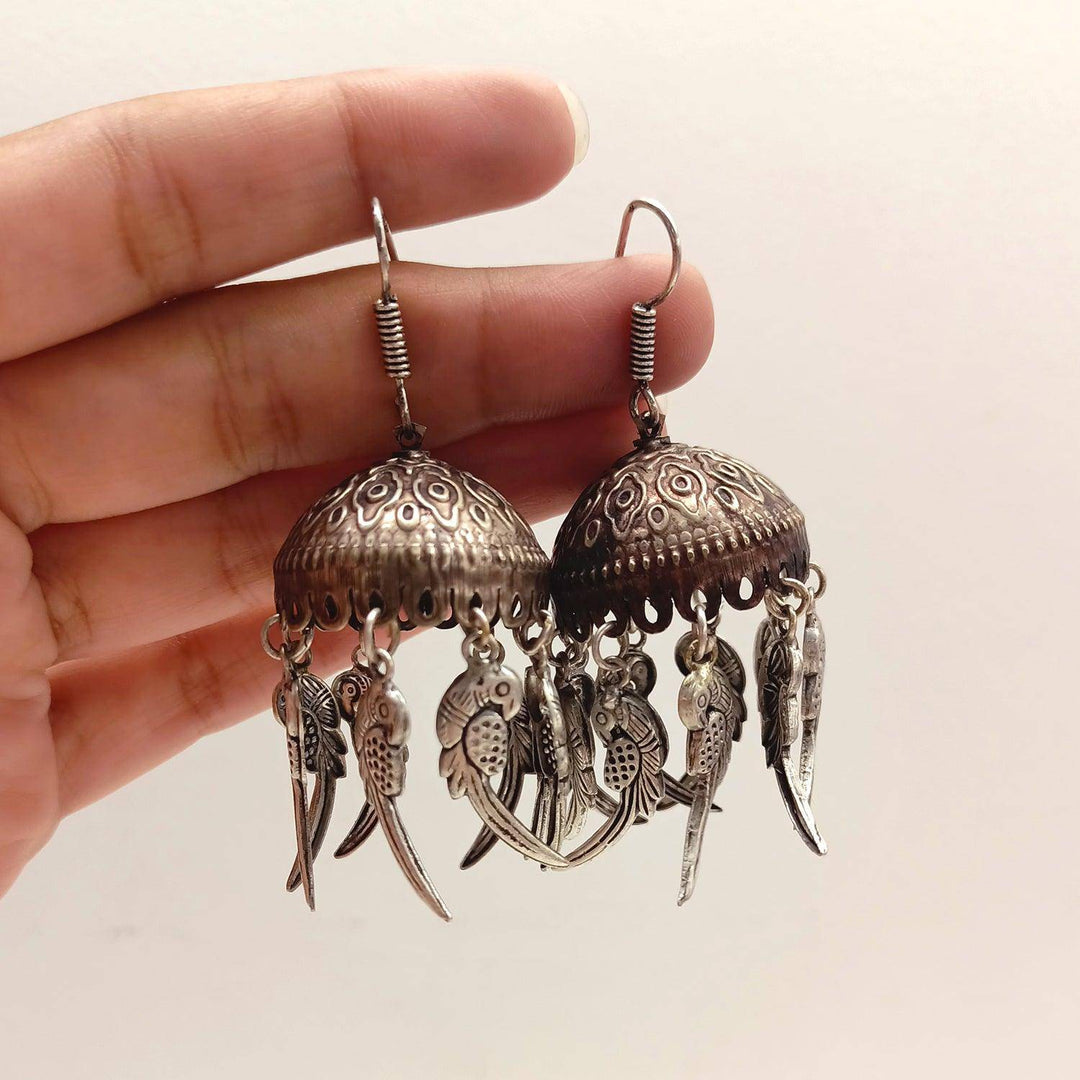 Adhira Silver Bird Oxidized Jhumki - Uboric