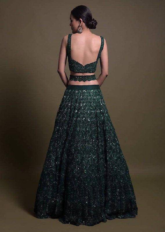 Alluring Green Net lehenga choli with sequence thread & dori work, Indian Designer Ready to wear partywear Lehenga Choli with Waist belt - Uboric