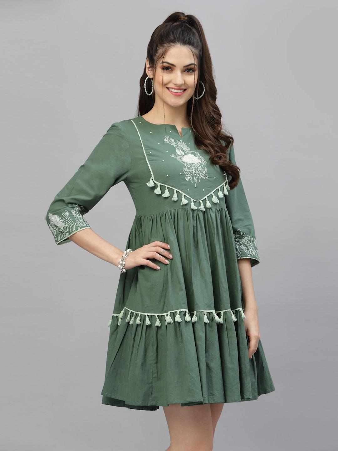 Asya Olive Floral Embroidered Dress - Uboric