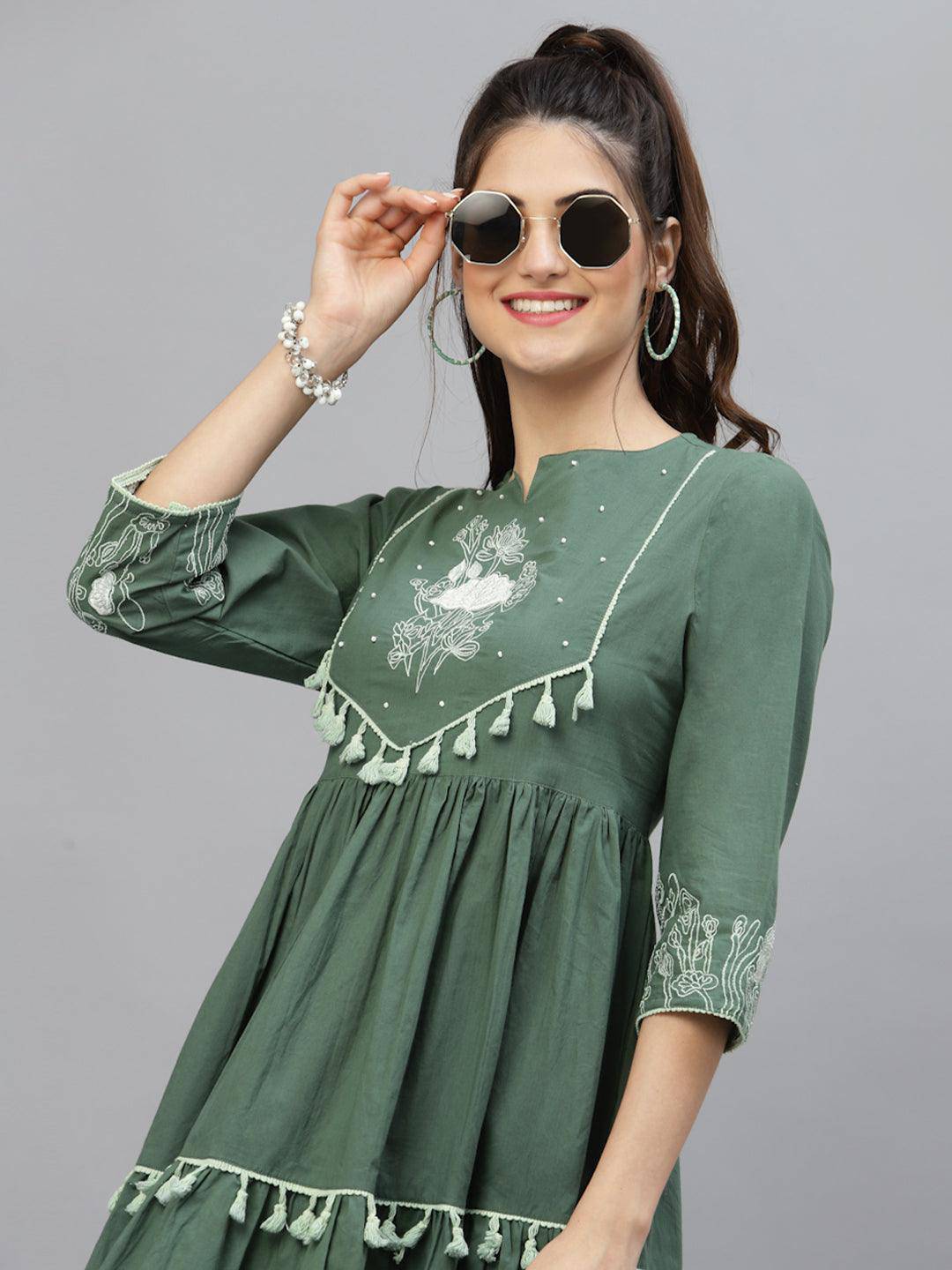 Asya Olive Floral Embroidered Dress - Uboric