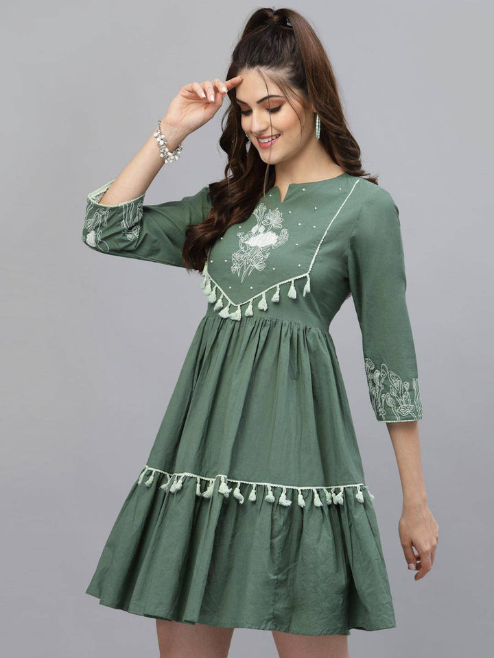 Asya Olive Floral Embroidered Dress - Uboric