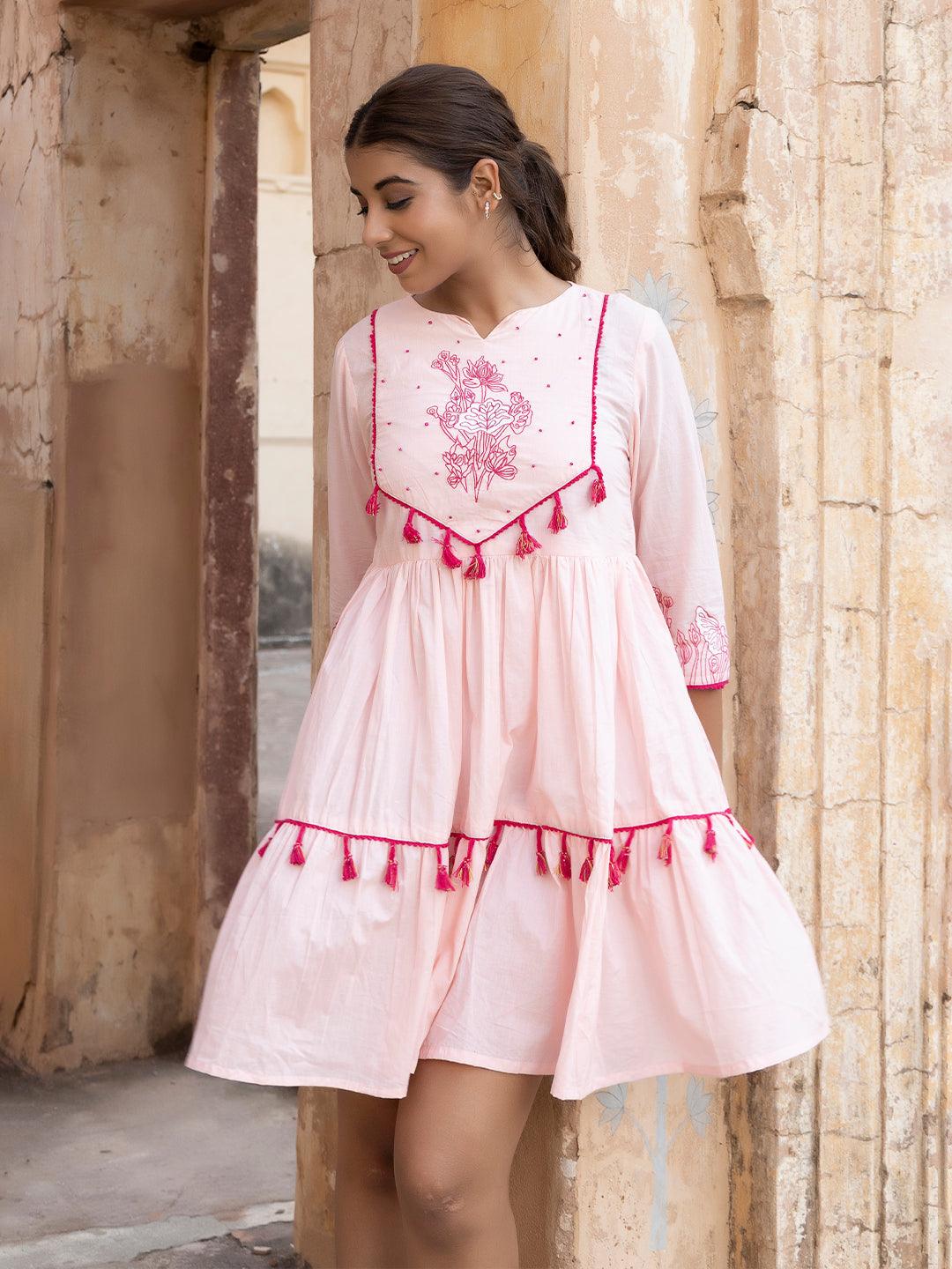 Asya Pink Floral Embroidered Dress - Uboric