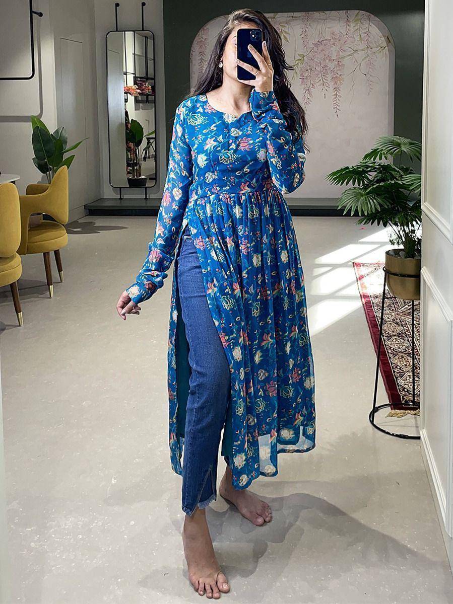 Attractive Blue Floral Georgette Naira Cut Casual Wear Kurti - Uboric