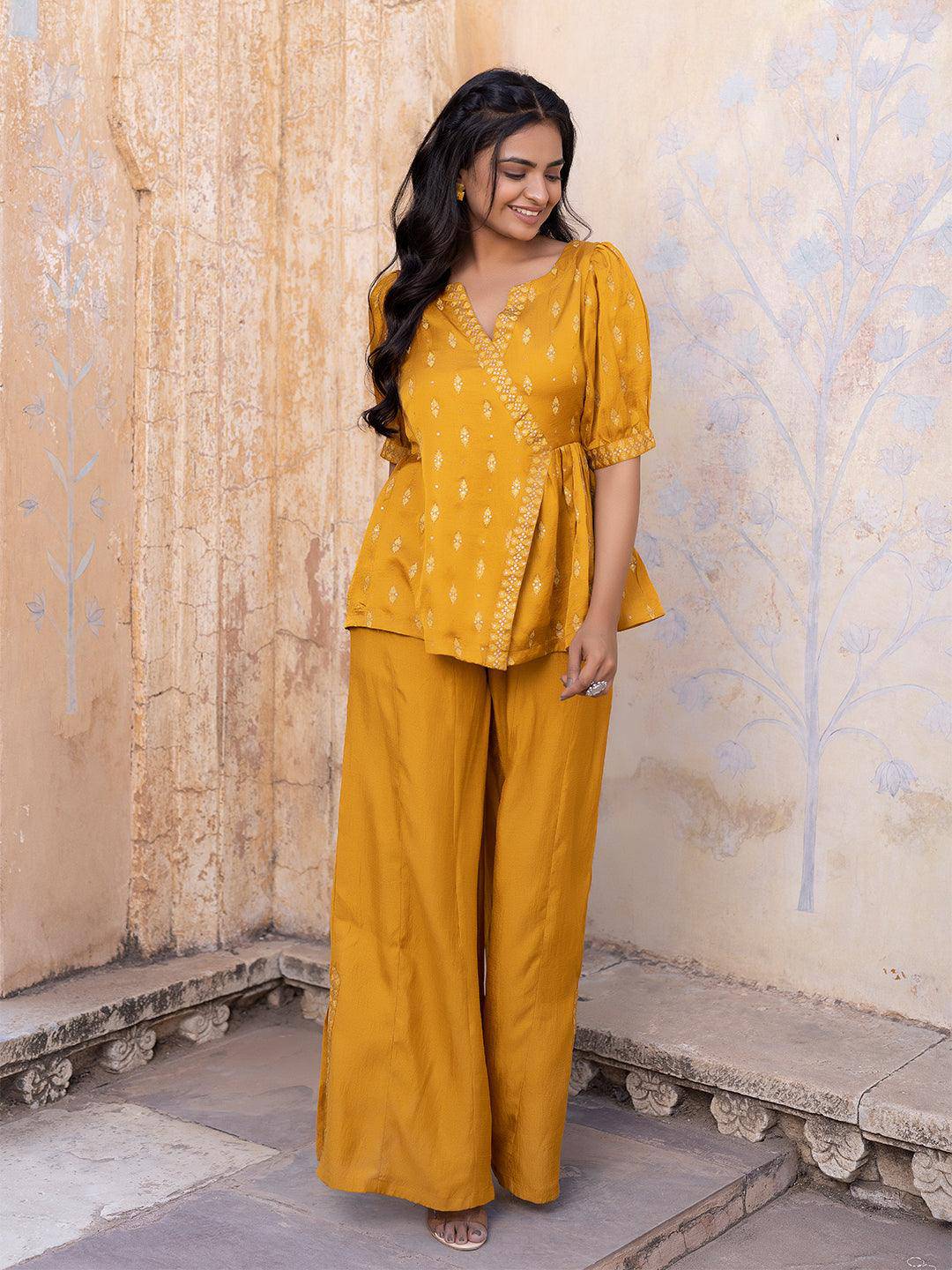 Autumn Blaze Mustard Mini-Silk Palazzo Set - Uboric