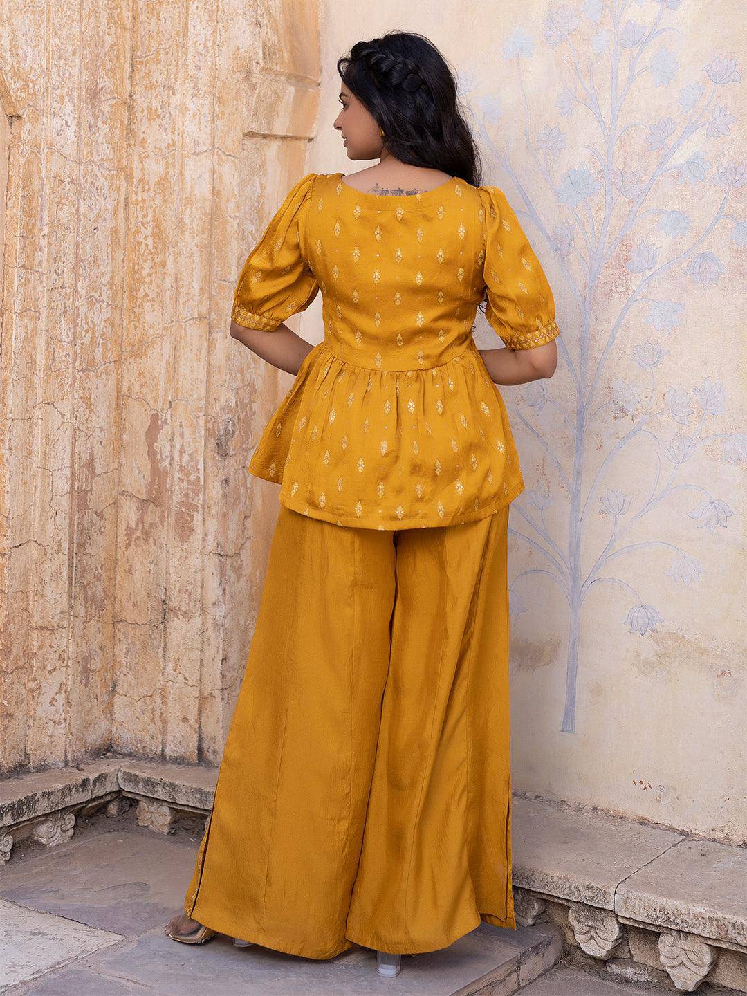 Autumn Blaze Mustard Mini-Silk Palazzo Set - Uboric