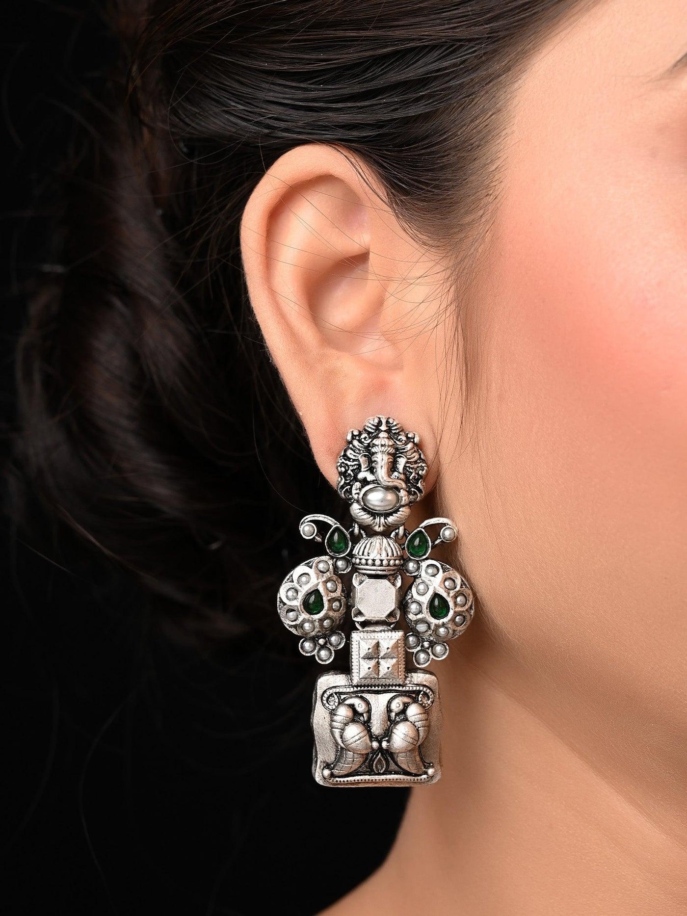 Avira Oxidised Contemporary Temple Earrings - Uboric