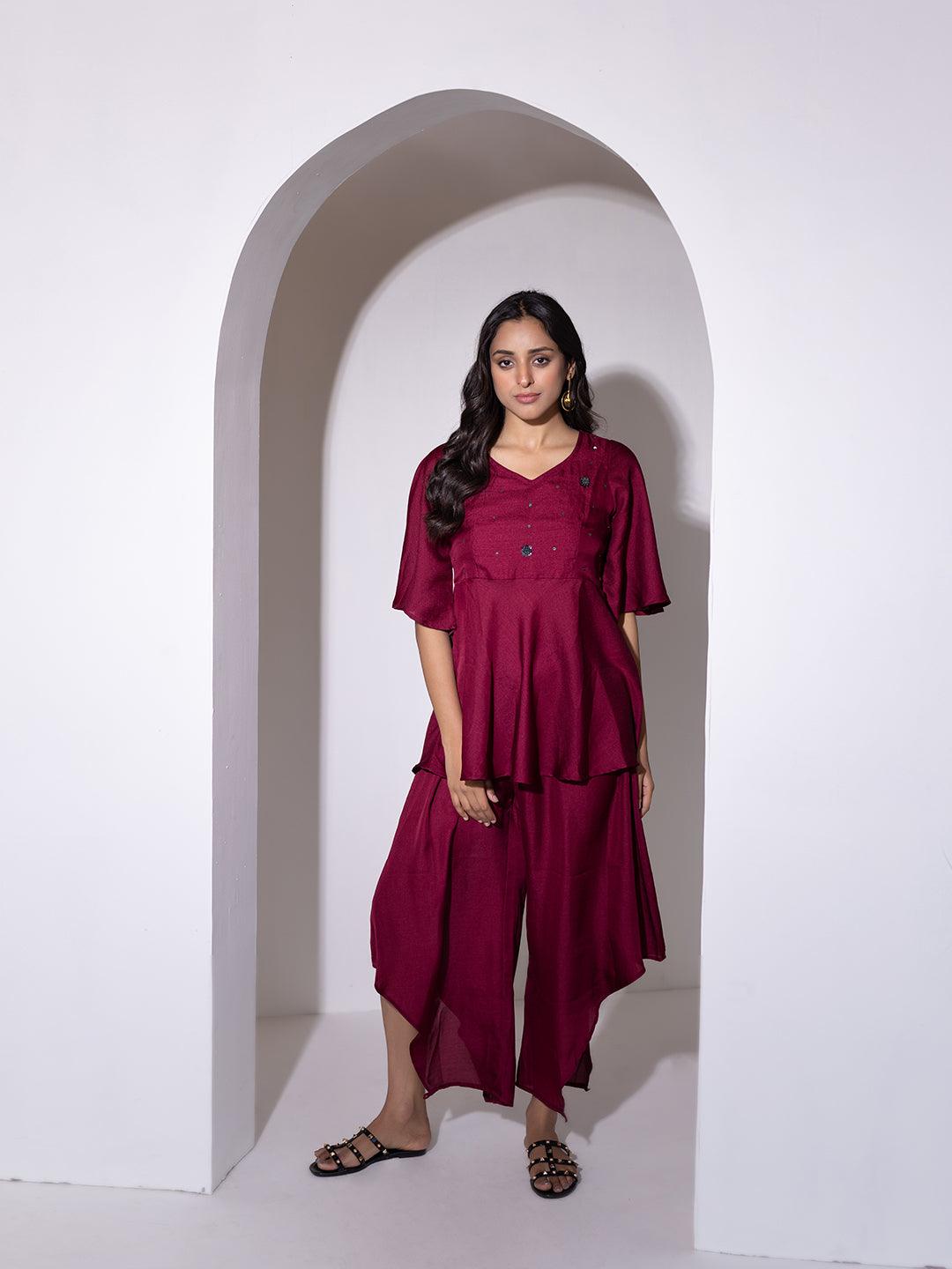 Beet Red Peplum Co-Ord Set - Uboric