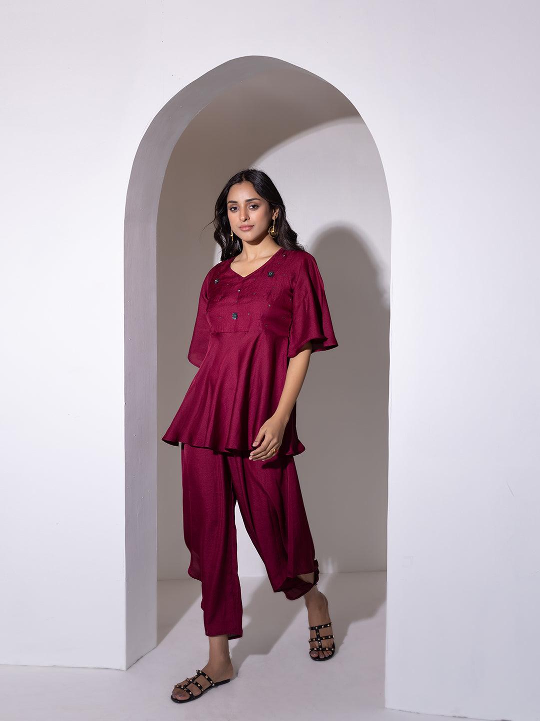 Beet Red Peplum Co-Ord Set - Uboric