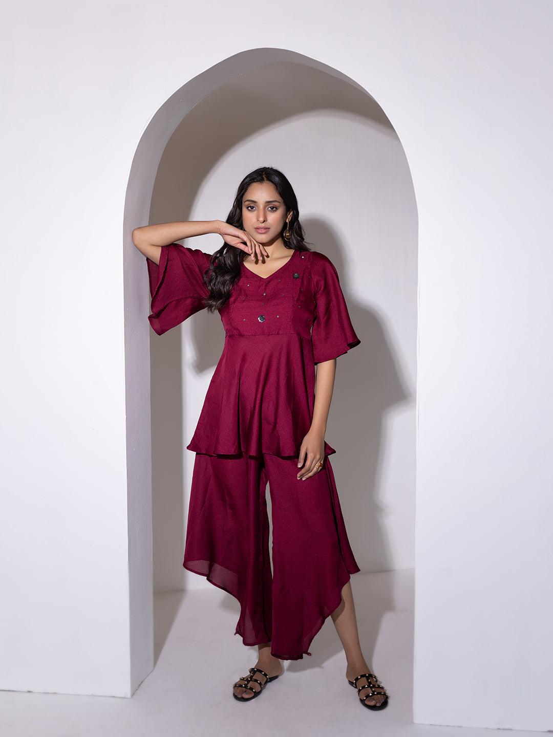 Beet Red Peplum Co-Ord Set - Uboric