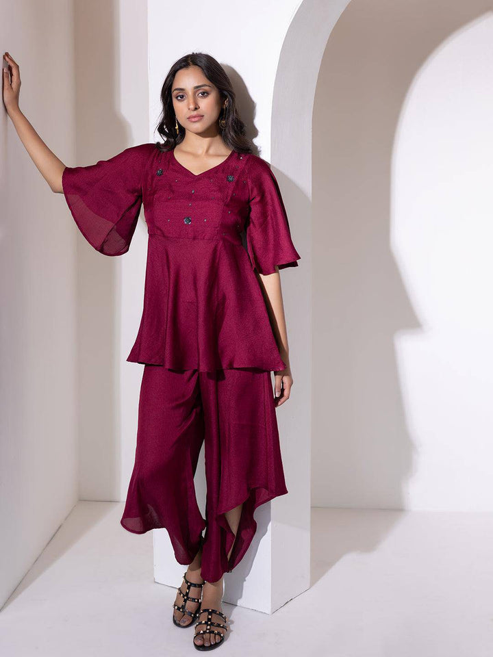 Beet Red Peplum Co-Ord Set - Uboric