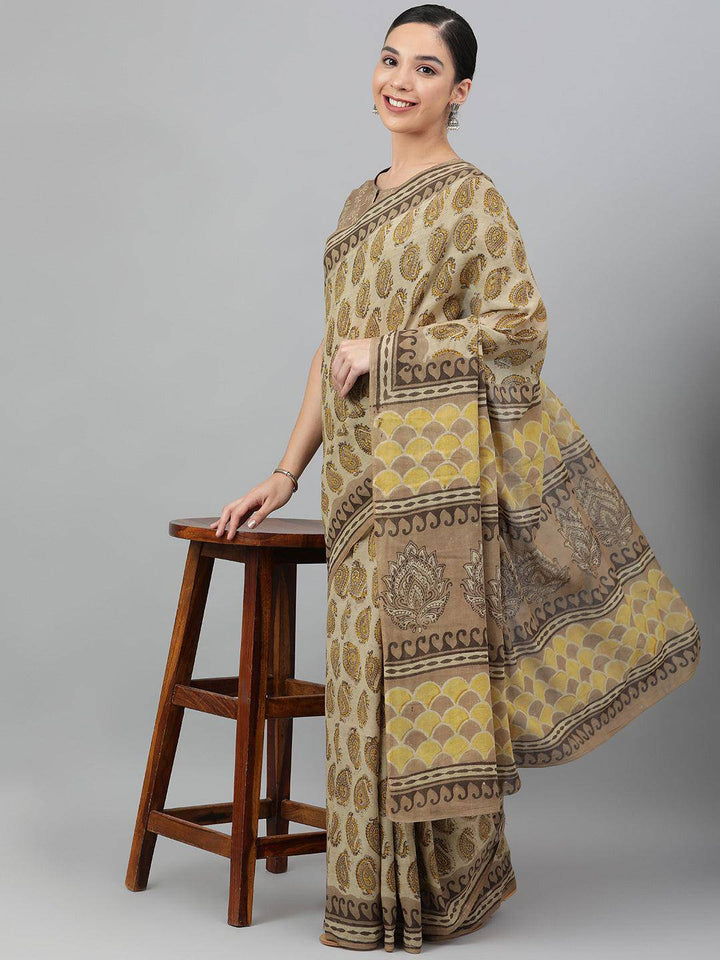 Beige-Brown Hand-Block Ajrak Printed Saree - Uboric