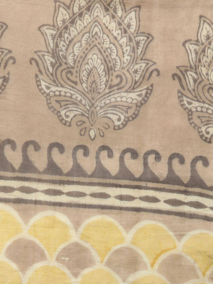 Beige-Brown Hand-Block Ajrak Printed Saree - Uboric