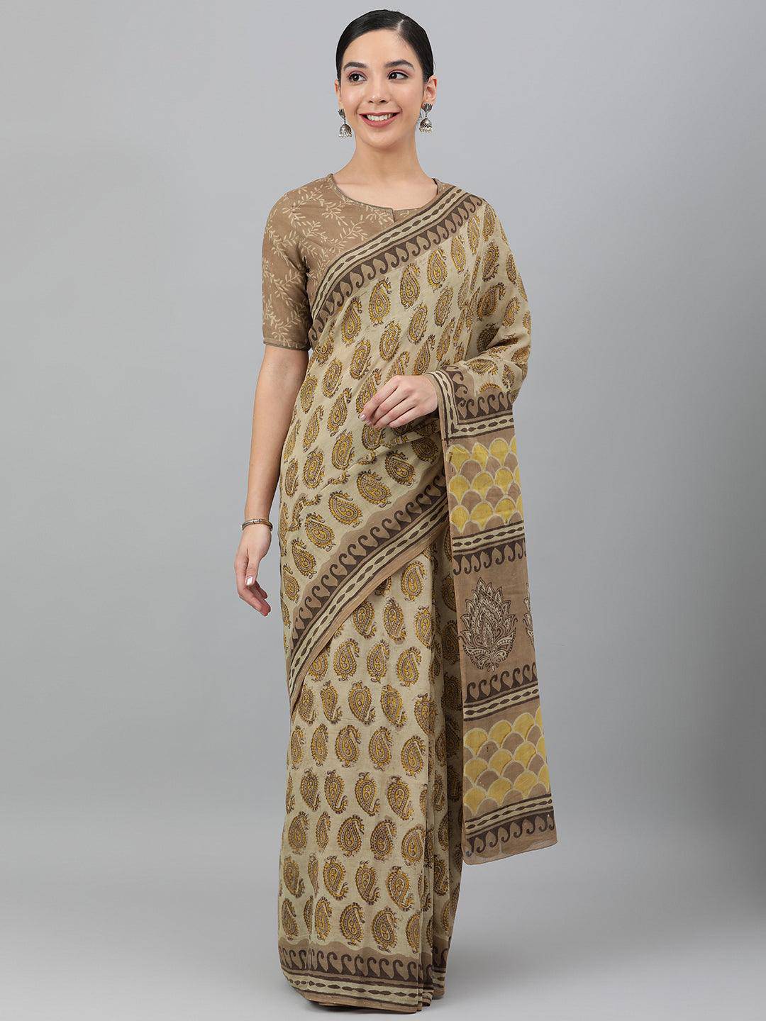 Beige-Brown Hand-Block Ajrak Printed Saree - Uboric