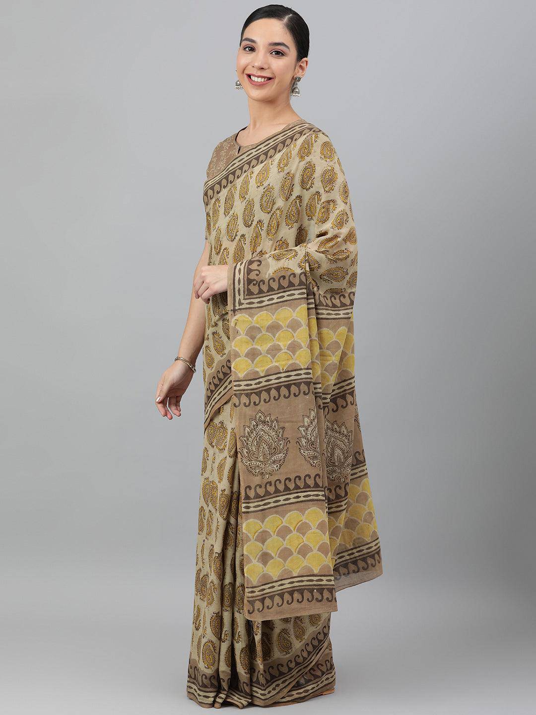 Beige-Brown Hand-Block Ajrak Printed Saree - Uboric