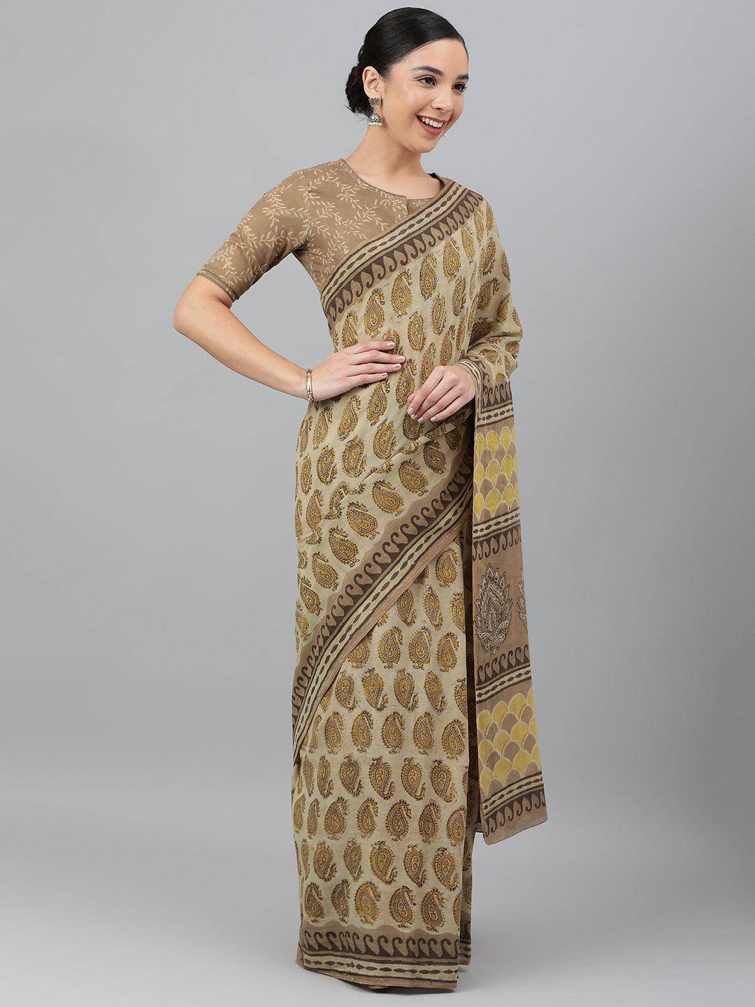 Beige-Brown Hand-Block Ajrak Printed Saree - Uboric