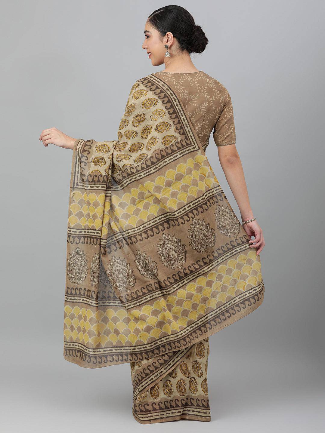 Beige-Brown Hand-Block Ajrak Printed Saree - Uboric