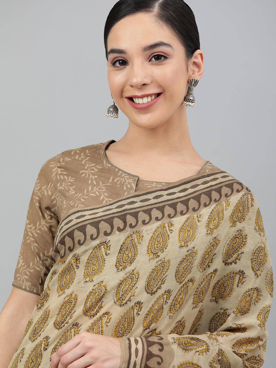 Beige-Brown Hand-Block Ajrak Printed Saree - Uboric