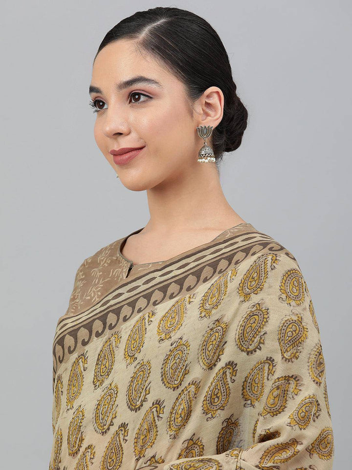 Beige-Brown Hand-Block Ajrak Printed Saree - Uboric