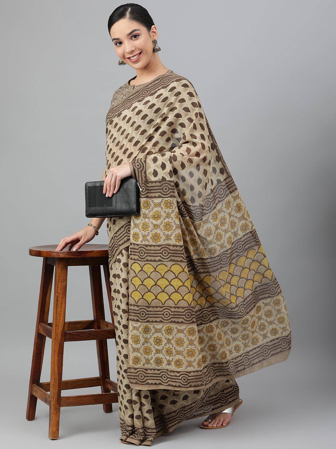 Beige Cotton Ajrak Print Saree - Uboric