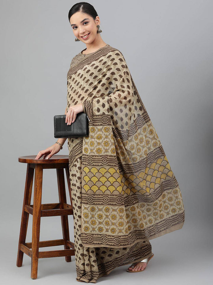 Beige Cotton Ajrak Print Saree - Uboric