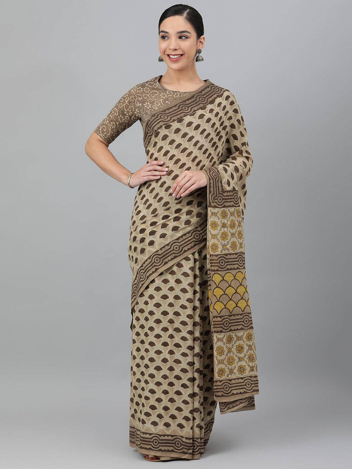 Beige Cotton Ajrak Print Saree - Uboric