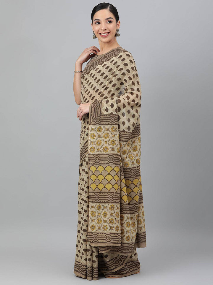 Beige Cotton Ajrak Print Saree - Uboric