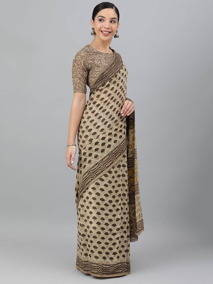 Beige Cotton Ajrak Print Saree - Uboric