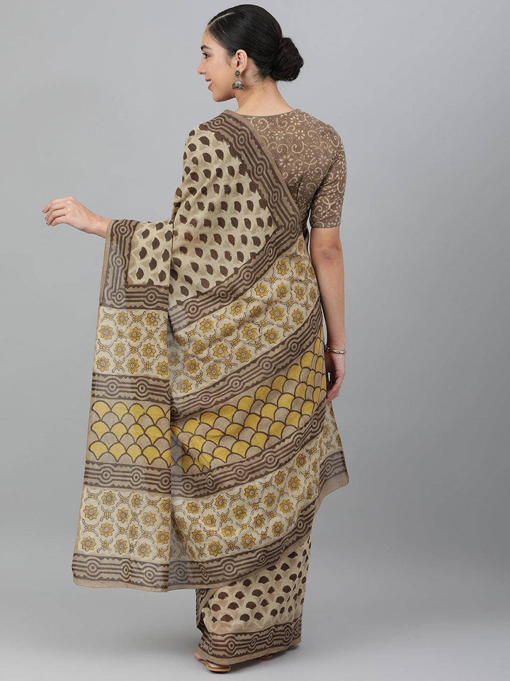 Beige Cotton Ajrak Print Saree - Uboric