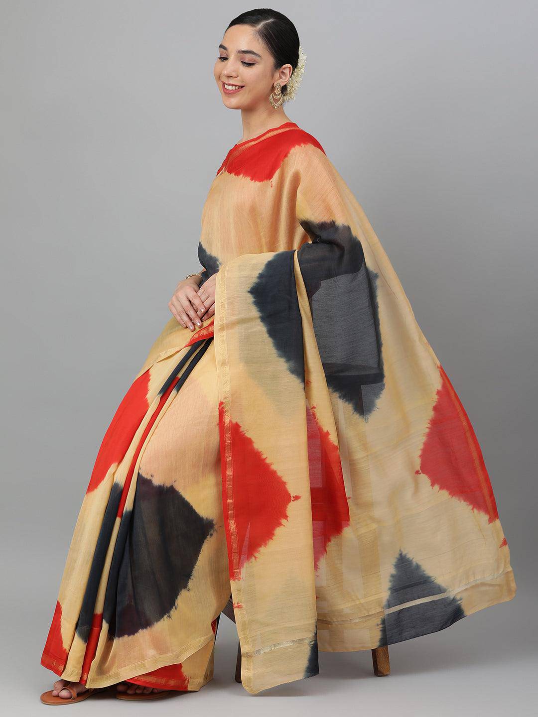 Beige Tie-Dye Printed Chanderi Saree - Uboric