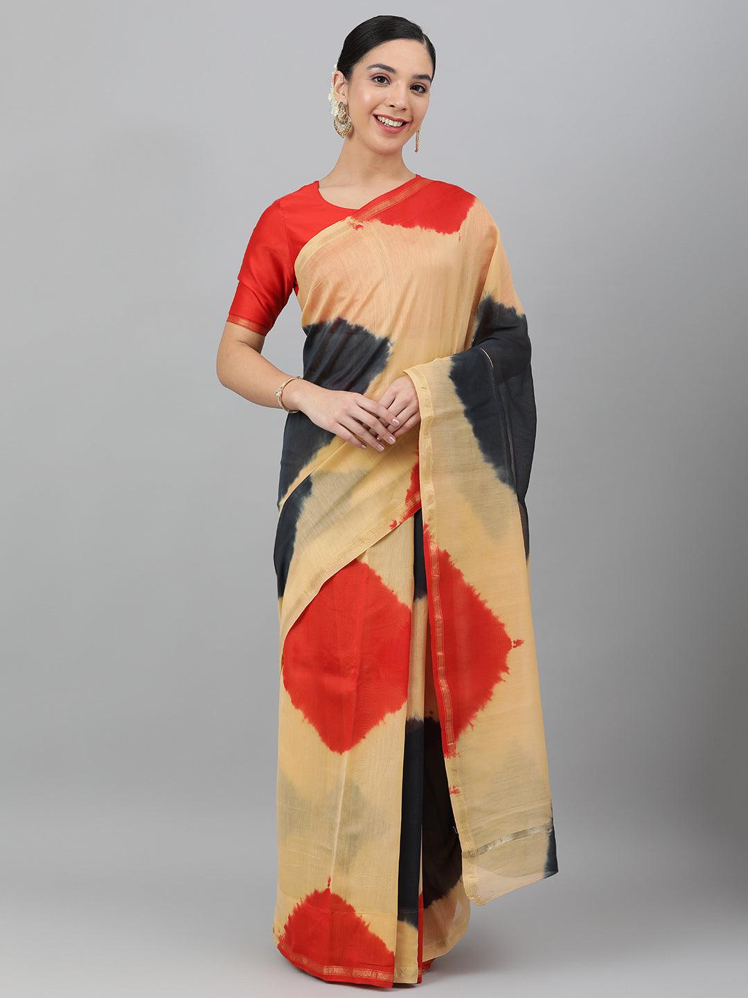 Beige Tie-Dye Printed Chanderi Saree - Uboric