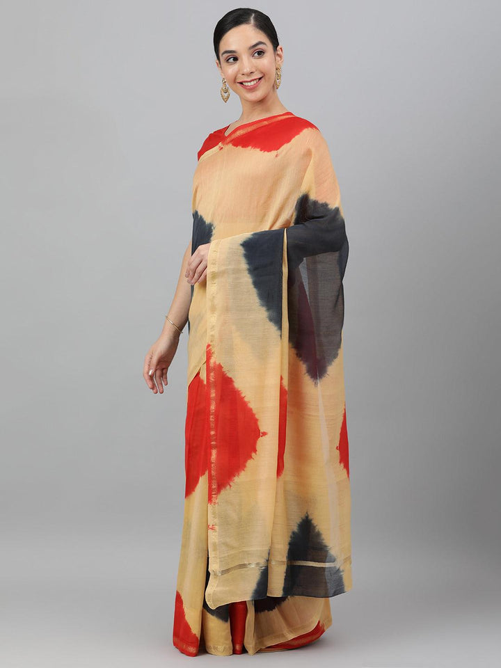 Beige Tie-Dye Printed Chanderi Saree - Uboric