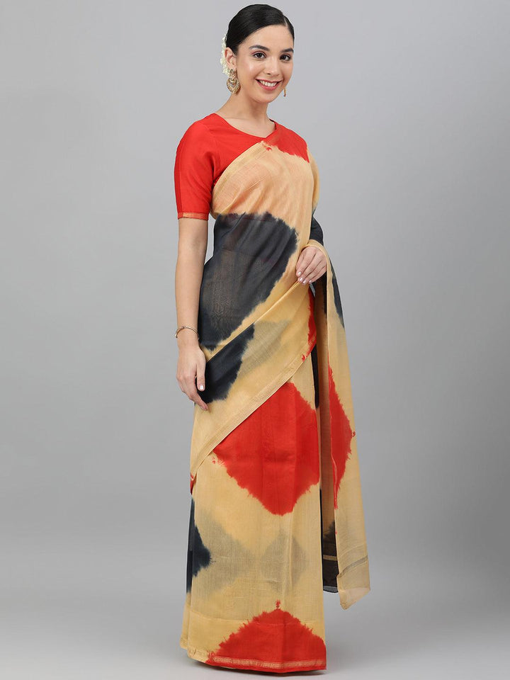 Beige Tie-Dye Printed Chanderi Saree - Uboric